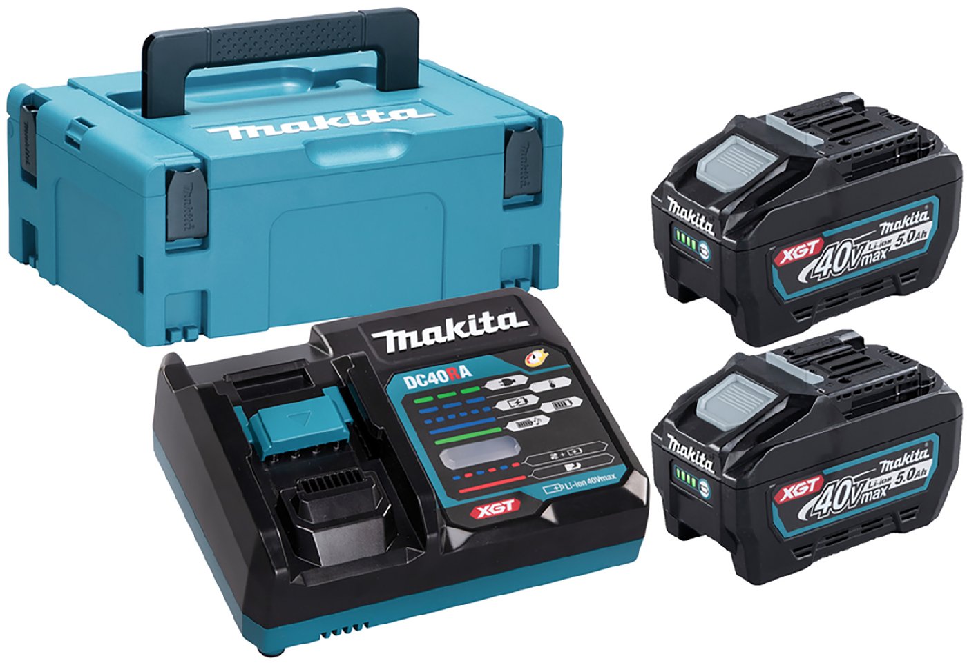 Makita Akku Power Source Kit Li 40V 5 Ah im MAKPAC Größe 2 mit 2 x Akku BL4050F, 5 Ah und Schnellladegerät DC40RA