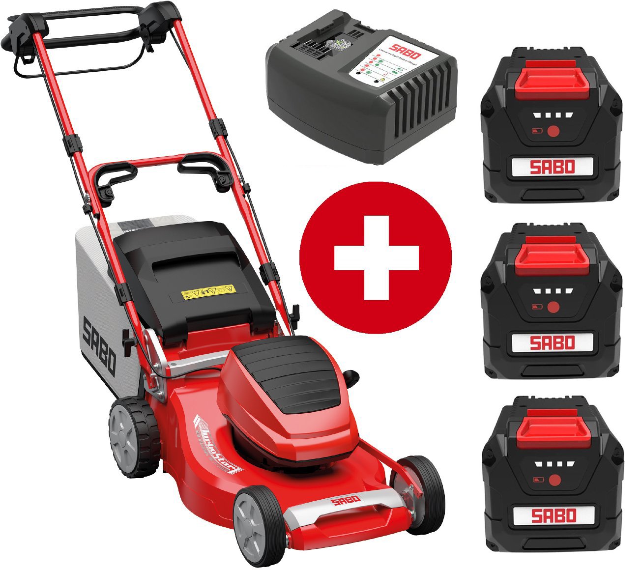 Sabo Akku-Rasenmäher 47-Accu VARIO mit 3 x 4 Ah Akku und Schnellladegerät