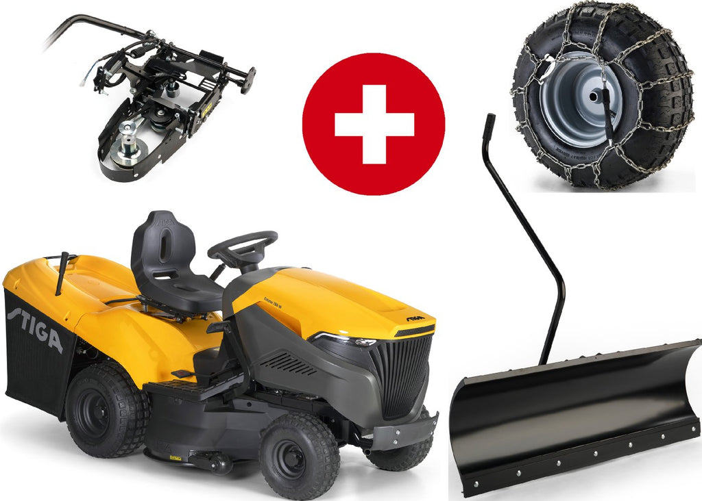 Stiga Rasentraktor Estate 798 W Winterpkaket mit 120 cm Schneeschild, PTO-Kit und Schneeketten