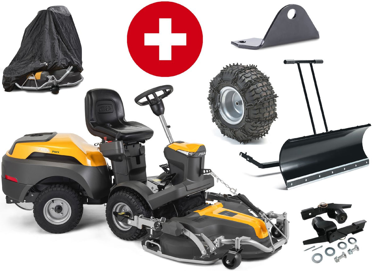 Stiga Frontmäher Park 500 W Winterpaket mit Mähwerk Combi 100 Q Plus, 120 cm Schneeschild und Schneeketten