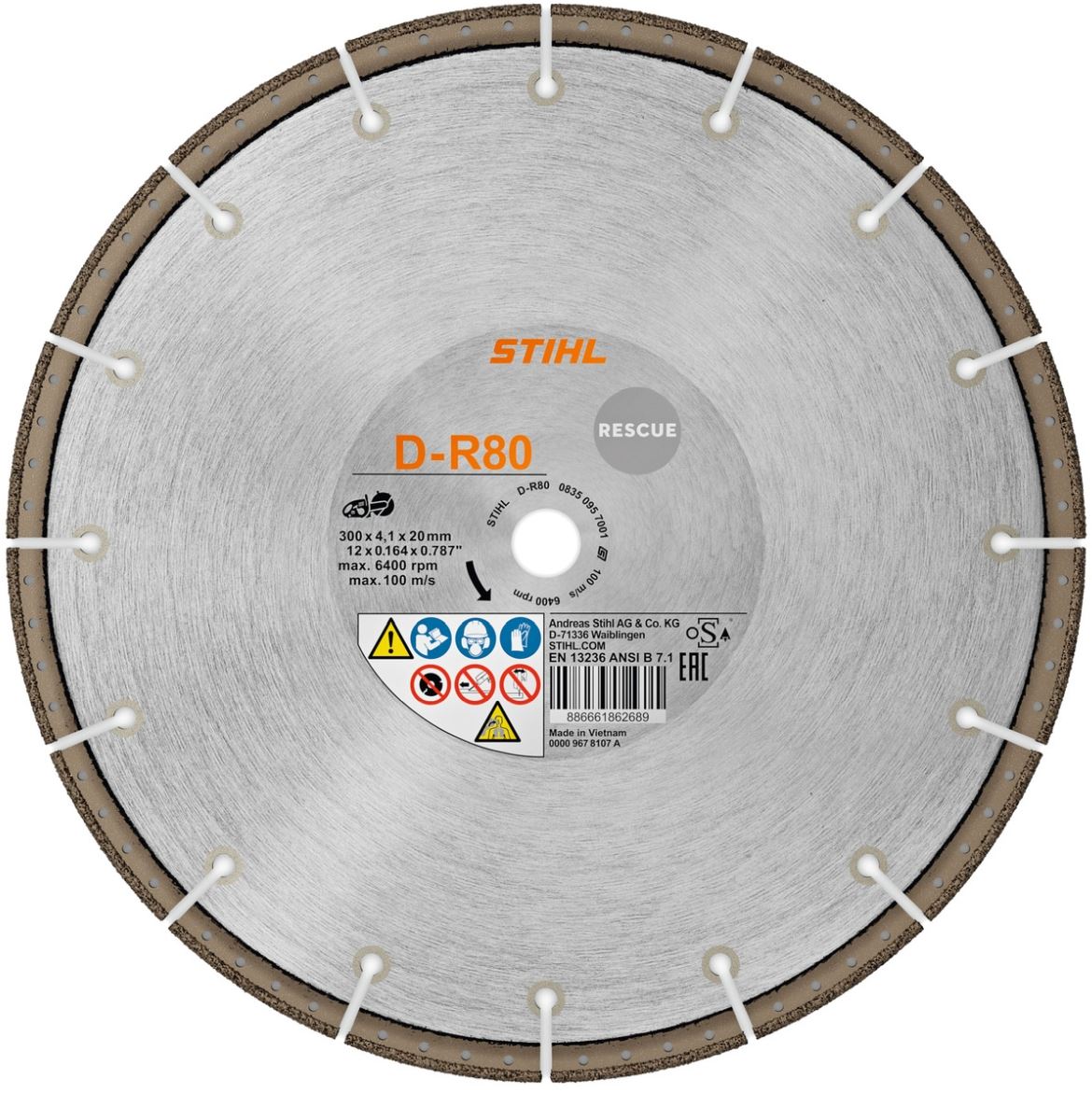 STIHL Akku-Trennschleifer TSA 300 Rescue mit 300 mm Diamant-Trennscheibe D-R80