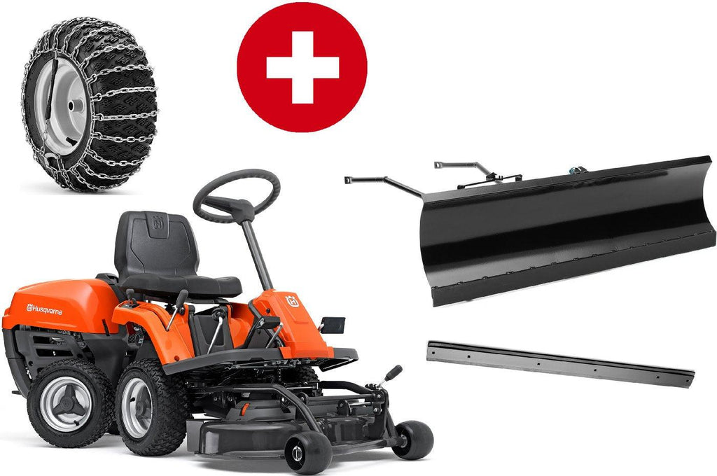 Husqvarna Frontmäher R 112C mit Mähdeck Combi 85 - Winterpaket mit Schneeschild, Gummileiste und Schneeketten - Modell 2023 - MotorLand.at