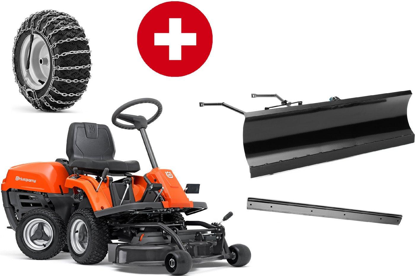 Husqvarna Frontmäher R 112C mit Mähdeck Combi 85 - Winterpaket mit Schneeschild, Gummileiste und Schneeketten - Modell 2023 - MotorLand.at